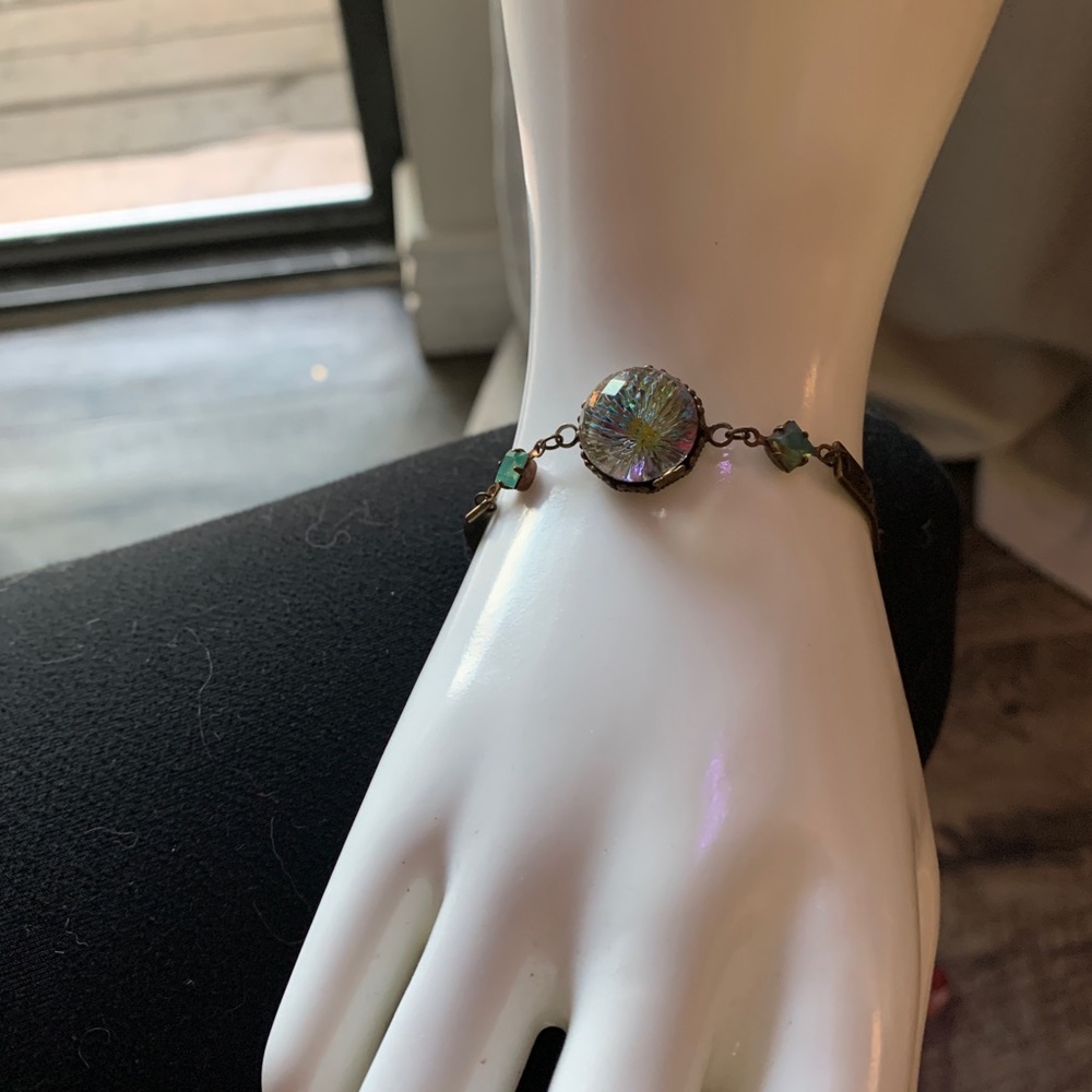 Authentic Jade Stones & Swarovski Gem on Bronze “HOPE & FAITH” Plate Bracelet